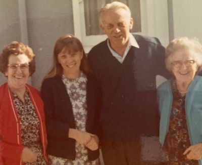 1966 Lois with her mum and dad and grandmother at Queens Parade, Fawkner
