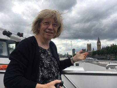 2017 Lois in London
In 2017, we did what turned out to be our last big trip together, travelling around England and Europe over 4 weeks. This photo was taken on the Thames while we were on a boat trip with my old training mate Adrian James and his family. Happy memories. 
