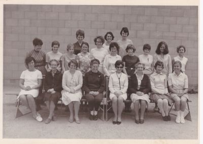 1968 Wodonga High School female staff - Lois and Kath Roberts are in the middle row
Lois started her teaching career in 1968, being sent to Flemington HS. After only 2 weeks there, she was sent to Wodonga High School, where she spent a very happy 3 years.  You had to go where you were sent, no questions asked. She was told on the Friday that she would be starting at Wodongo HS on the following Monday morning.
During her first year in Wodonga, she boarded. In her second year she shared a rental house with some other teachers and in the third year, she boarded with June and Ted Robertson. We have remained firm friends with the Robertsons ever since.
This is where she met Kath Roberts, another first year teacher up from Melbourne. Thus another life long friendship was kindled.

