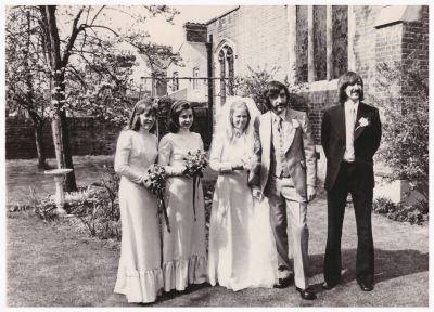 1974 Lois and Jenny Roberts are bridesmaids at the wedding of Kath Roberts and Laurie Janicker at St Linus in London
