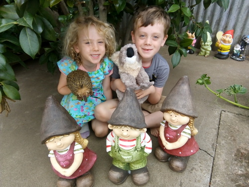 Ollie and Annie with the new gnomes
