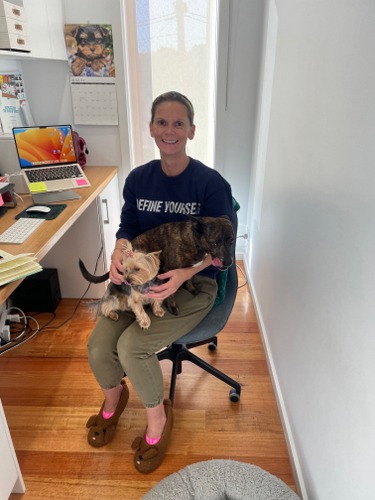 2023 Amie hard at work in the home office with Lucy and house guest Roger