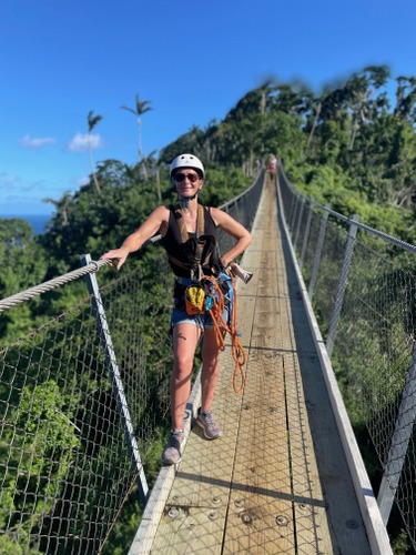 2023 Amie on the swing bridge in Vanuatu